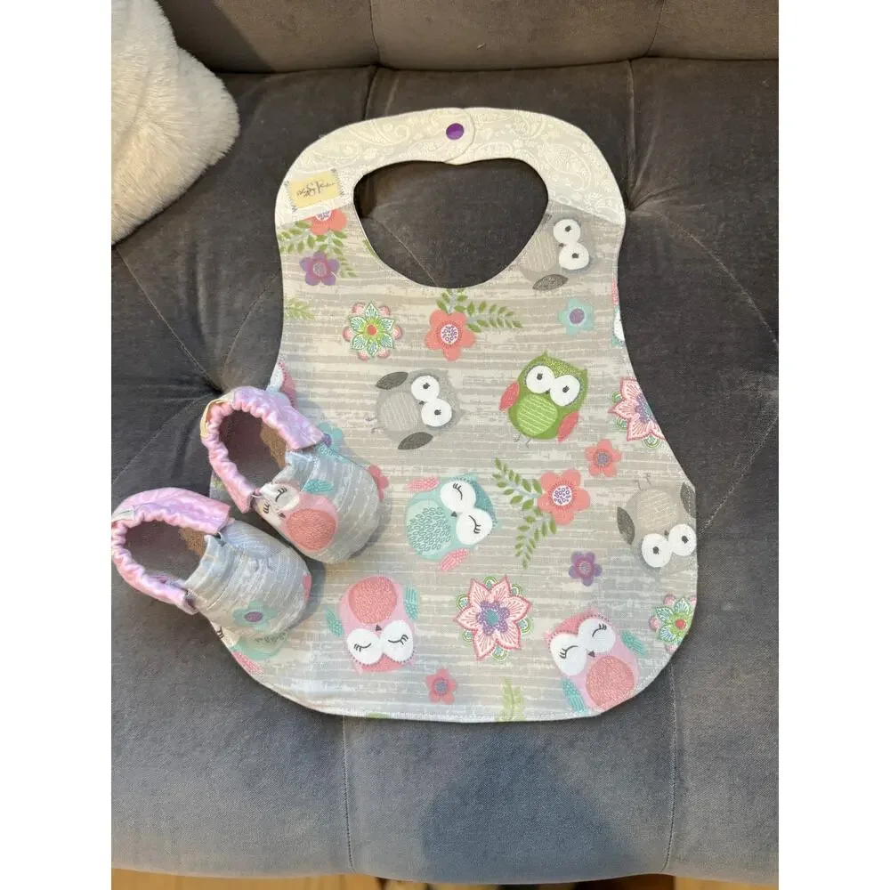 Upcycled and Handmade Fleece/Cotton Extra Coverage Baby Bib & Shoes Size 9-12 mo